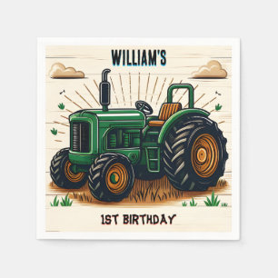 The kids retro boy cool tractor first 1st birthday napkin
