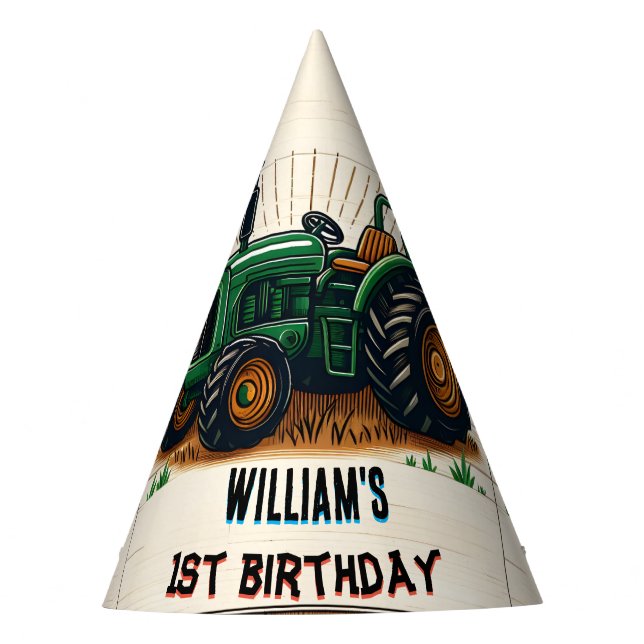 The kids retro boy cool tractor first 1st birthday party hat (Front)