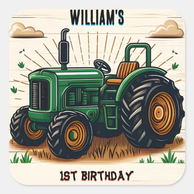 The kids retro boy cool tractor first 1st birthday square sticker (Front)
