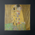 The Kiss, Art Nouveau Oil Painting, Gustav Klimt Tapestry<br><div class="desc">oil on canvas 1907-1908 abstract Art Nouveau portrait depicting a romantic kiss between a man and a woman the man and woman are decorated with a geometric pattern of yellow black and white rectangles and psychedelic trippy swirls, and colorful polka dots respectively. the couple are kneeling on a bed of...</div>