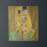 The Kiss, Art Nouveau Oil Painting, Gustav Klimt Tapestry<br><div class="desc">oil on canvas 1907-1908 abstract Art Nouveau portrait depicting a romantic kiss between a man and a woman the man and woman are decorated with a geometric pattern of yellow black and white rectangles and psychedelic trippy swirls, and colorful polka dots respectively. the couple are kneeling on a bed of...</div>