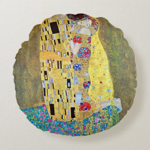 The Kiss by Gustav Klimt, Vintage Art Nouveau Round Cushion