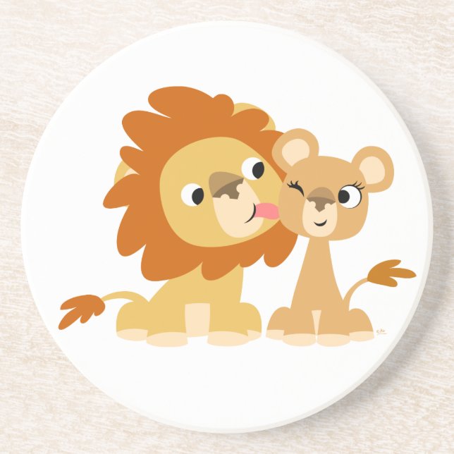 The Kiss: Cute Cartoon Lion Couple Coaster (Front)
