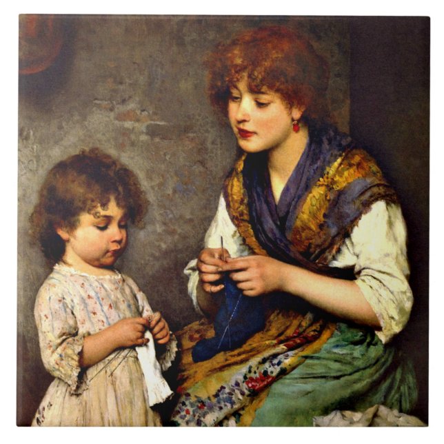 The Knitting Lesson, fine art painting Tile (Front)