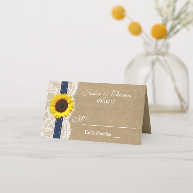 The Kraft, Lace & Sunflower Collection - Navy Place Card (Front)