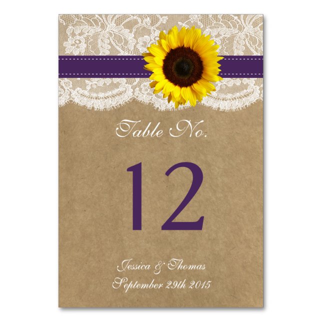 The Kraft, Lace & Sunflower Collection - Purple Table Number (Front)