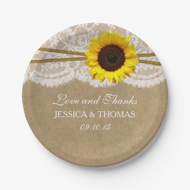 The Kraft, Lace & Sunflower Wedding Collection Paper Plate (Front)