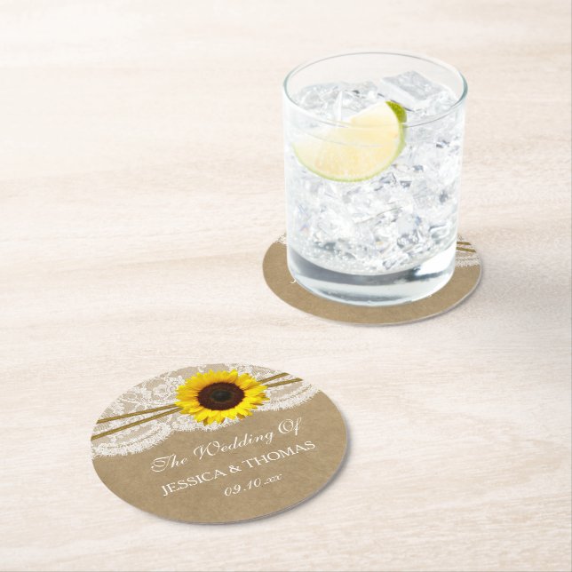 The Kraft, Lace & Sunflower Wedding Collection Round Paper Coaster (Insitu)