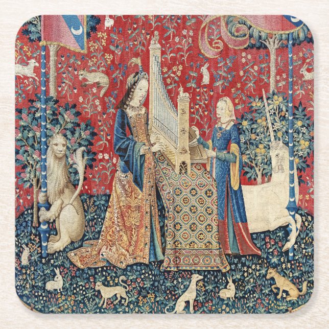 The Lady and the Unicorn, Hearing Square Paper Coaster (Front)