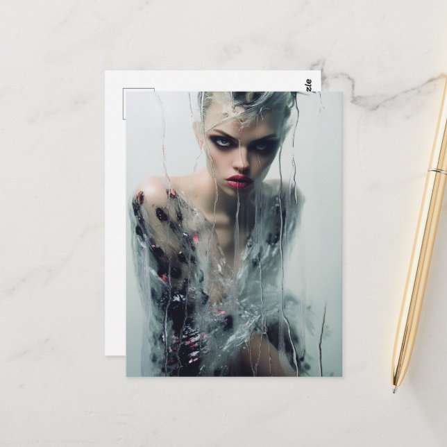 The Lady Clear Plastic Dress Behind Rainy Window Postcard (Front/Back In Situ)