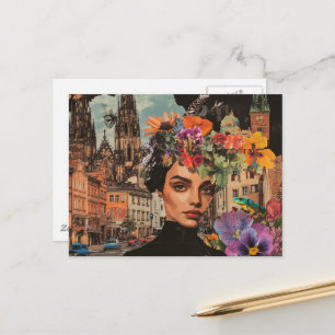 The Lady in a City Collage Flowers Frogs Birds Postcard