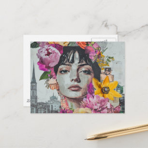 The Lady in a City Collage Flowers Frogs Birds Postcard