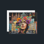 The Lady in a City Collage Flowers Frogs Birds Postcard<br><div class="desc">A woman in a city among the flowers and buildings mixed media collage fantasy AI generated art</div>