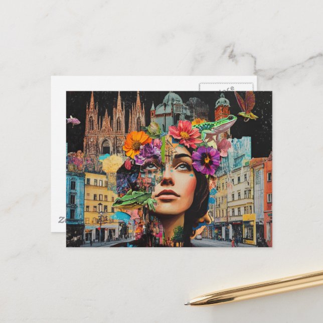 The Lady in a City Collage Flowers Frogs Birds Postcard (Front/Back In Situ)