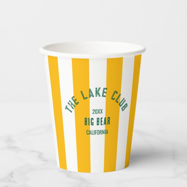 The Lake Club Crest Yellow Nautical Stripe  Paper Cups (Front)
