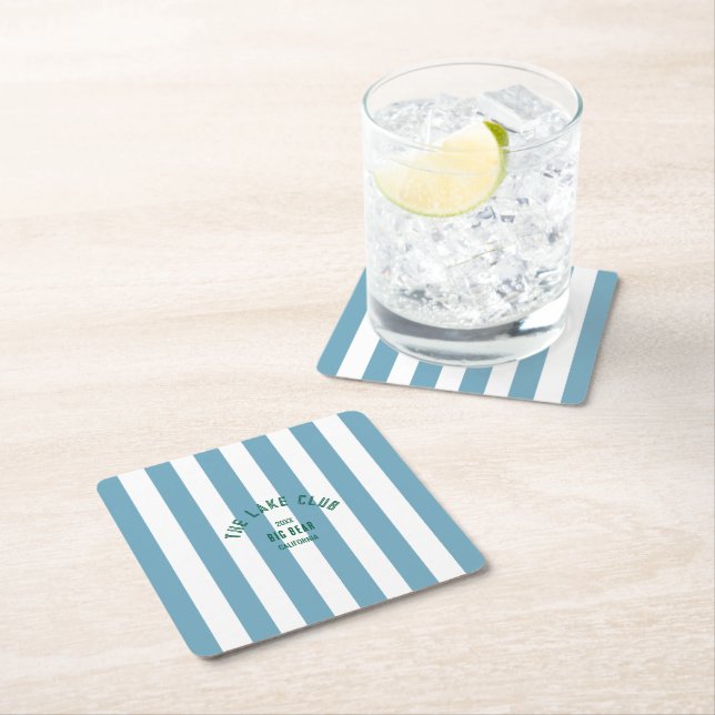 The Lake Club Custom Crest Blue Nautical Stripe Square Paper Coaster (Insitu)