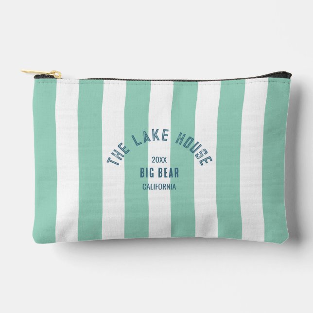 The Lake House Blue Crest Green Nautical Stripe Accessory Pouch (Front)