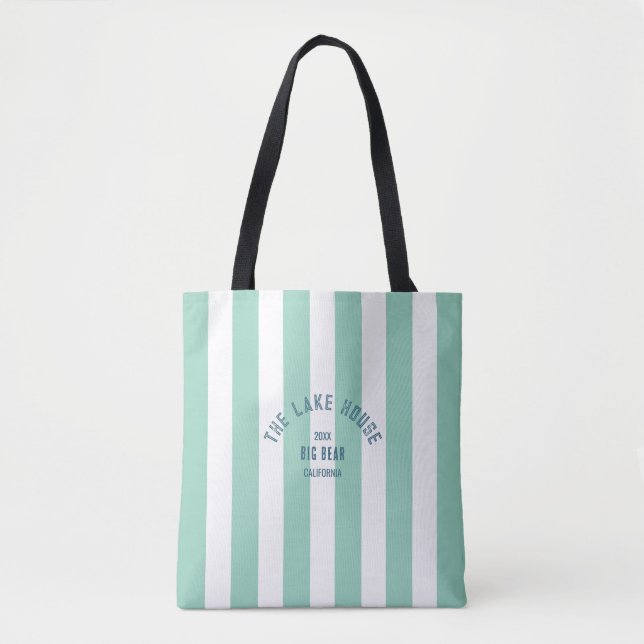 The Lake House Blue Crest Green Nautical Stripe Tote Bag (Front)
