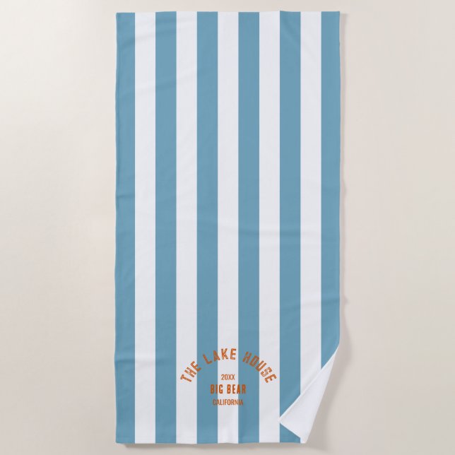 The Lake House Orange Crest Blue Nautical Stripe  Beach Towel (Front)