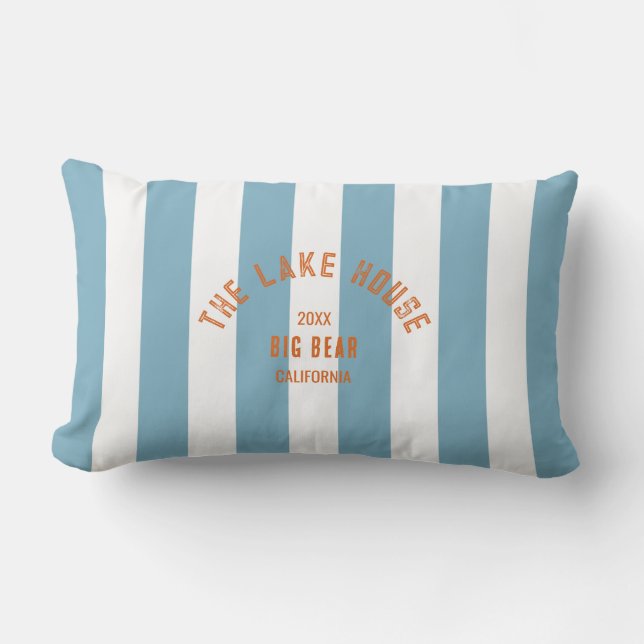 The Lake House Orange Crest Blue Nautical Stripe Lumbar Cushion (Front)