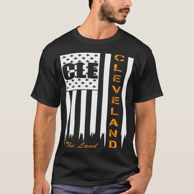 The Land Cleveland with CLE American Flag T-Shirt (Front)