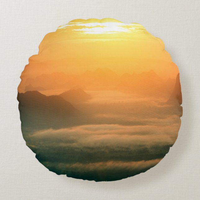 The landscape photo,  beautiful sea fog in morning round cushion (Front)