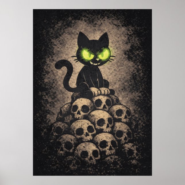 The Last Hiss - Retro Cat On Skulls, Dark Cartoon Poster (Front)