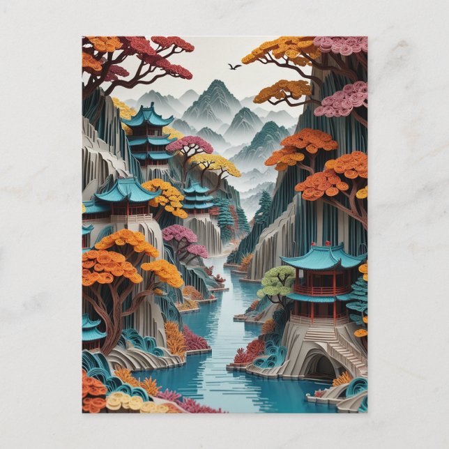 The layered paper Chinese cliff landscape is a bea Holiday Postcard (Front)