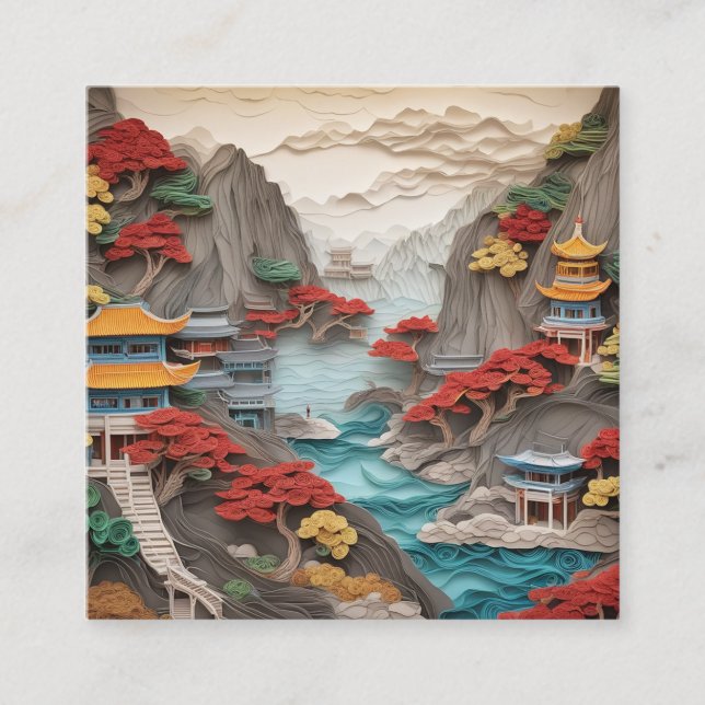 The layered paper Chinese cliff landscape is a bea Square Business Card (Front)
