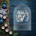 The Leader of Our Pack Wolf 90th Birthday Party Acrylic Invitations<br><div class="desc">"The Leader of Our Pack Is Turning 90",  90th birthday for your favourite Alpha.  Features a majestic lone wolf silhouetted against an evergreen forest.</div>