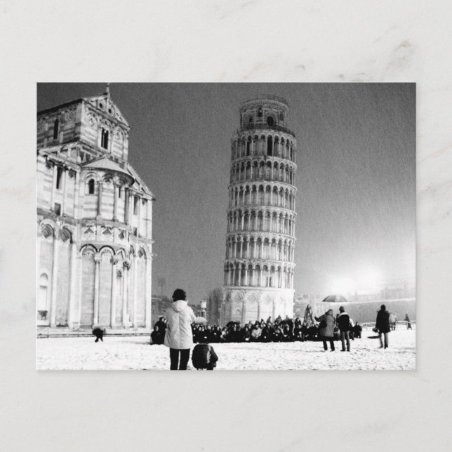 The Leaning Tower under the snow (B&W) Postcard (Front)