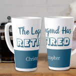 The Legend Has Retired Blue and White Retirement Latte Mug<br><div class="desc">Personalised latte mug with a dash of retirement humour. The mug has the funny retirement quote "The Legend has Retired", which is lettered in bold, ocean blue typography. To make your gift unique, the template is set up ready for you to add the retiree's name (leave the box blank if...</div>