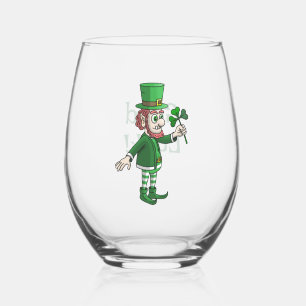 The Leprechaun with a shamrock Stemless Wine Glass
