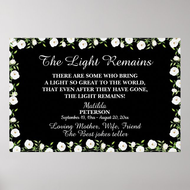 The Light Remains Quote Floral Memorial Service Poster (Front)