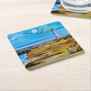 The Lighthouse on the Beach Painting by Alfred Fox Square Paper Coaster