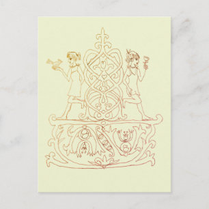The line art features two figures  invitation postcard