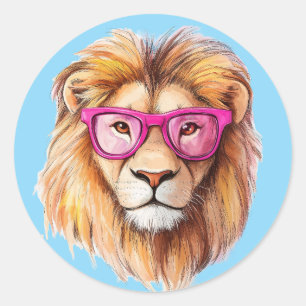 The Lion with Pink Glasses Blue Background Classic Round Sticker