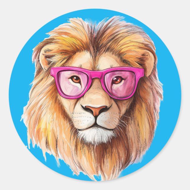 The Lion with Pink Glasses Dark Blue Background Classic Round Sticker (Front)