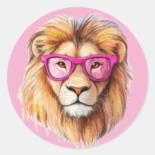 The Lion with Pink Glasses Light Pink BG Sticker
