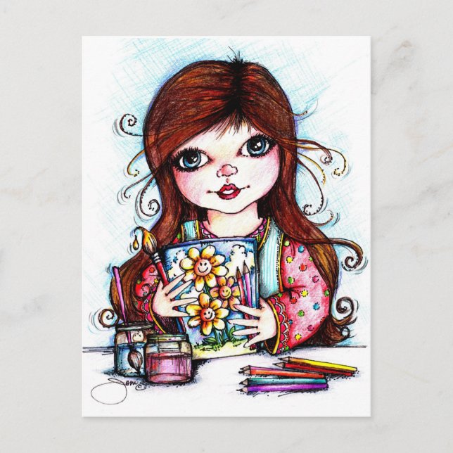 The Little Artist Painting Happy Flowers Postcard (Front)