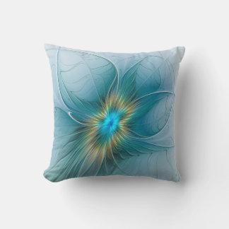 The little Beauty Modern Blue Gold Fractal Flower Cushion