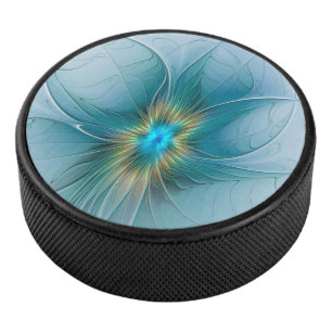 The little Beauty Modern Blue Gold Fractal Flower Hockey Puck