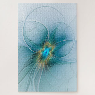 The little Beauty Modern Blue Gold Fractal Flower Jigsaw Puzzle