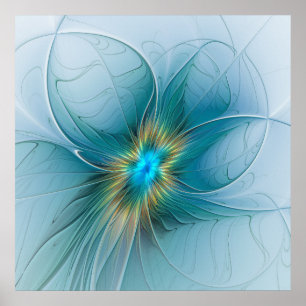 The little Beauty Modern Blue Gold Fractal Flower Poster