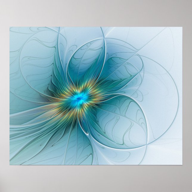 The little Beauty Modern Blue Gold Fractal Flower Poster (Front)