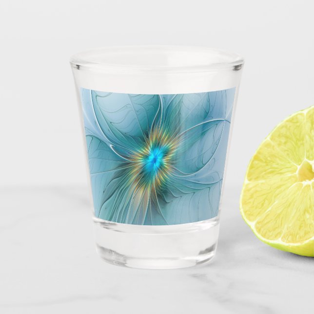 The little Beauty Modern Blue Gold Fractal Flower Shot Glass (Front)