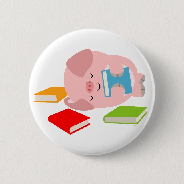 The Little Book Lover ( Cartoon Pig) Button Badge (Front)