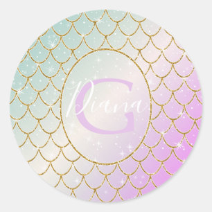 The Little Mermaid. Golden scales on a pink, turqu Classic Round Sticker
