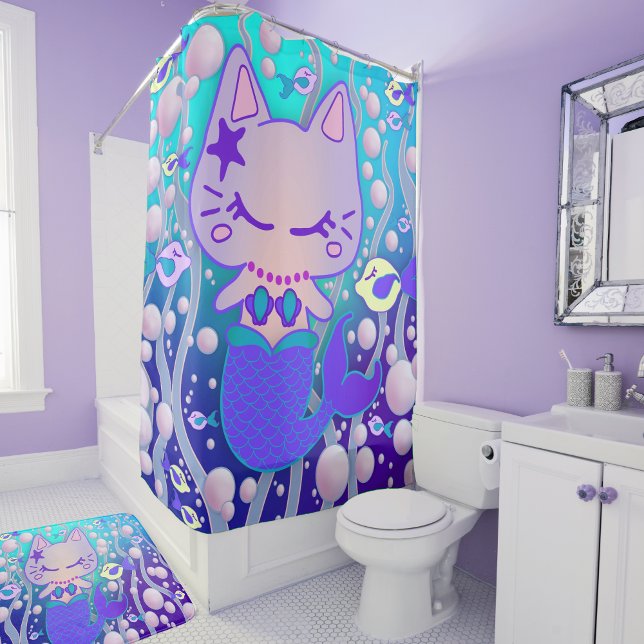 The Little Purrmaid Cat Mermaid Tub Shower Curtain (Creator Uploaded)