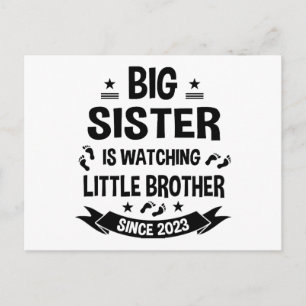 The little sister takes care of the big brother in postcard